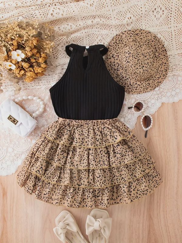 3pcs Leopard Girl's Outfit: Sleeveless Halter Top, Tiered Skirt, and Matching Hat Set