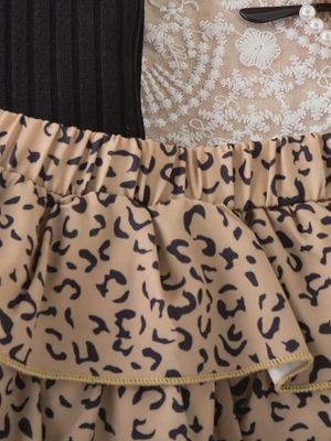 3pcs Leopard Girl&#39;s Outfit: Sleeveless Halter Top, Tiered Skirt, and Matching Hat Set