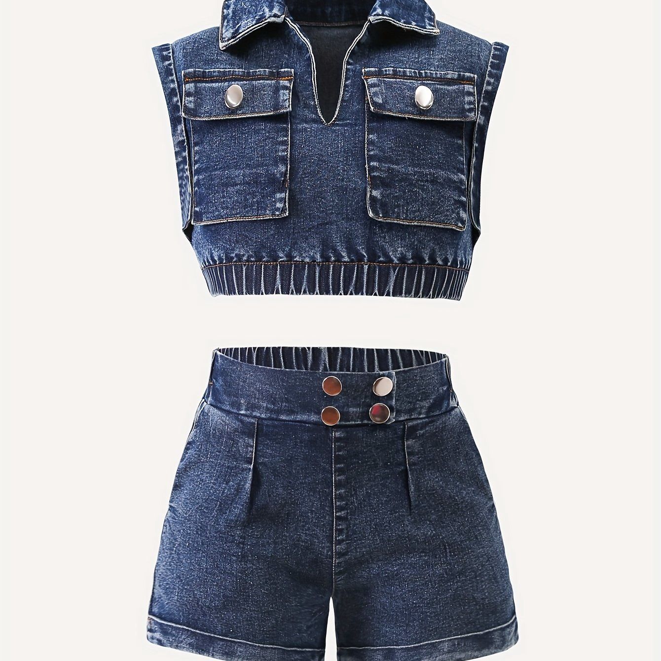 V-Neck Collar Top with Multi-Pockets + High-Waisted Distressed Denim Shorts, Size: 7Y
