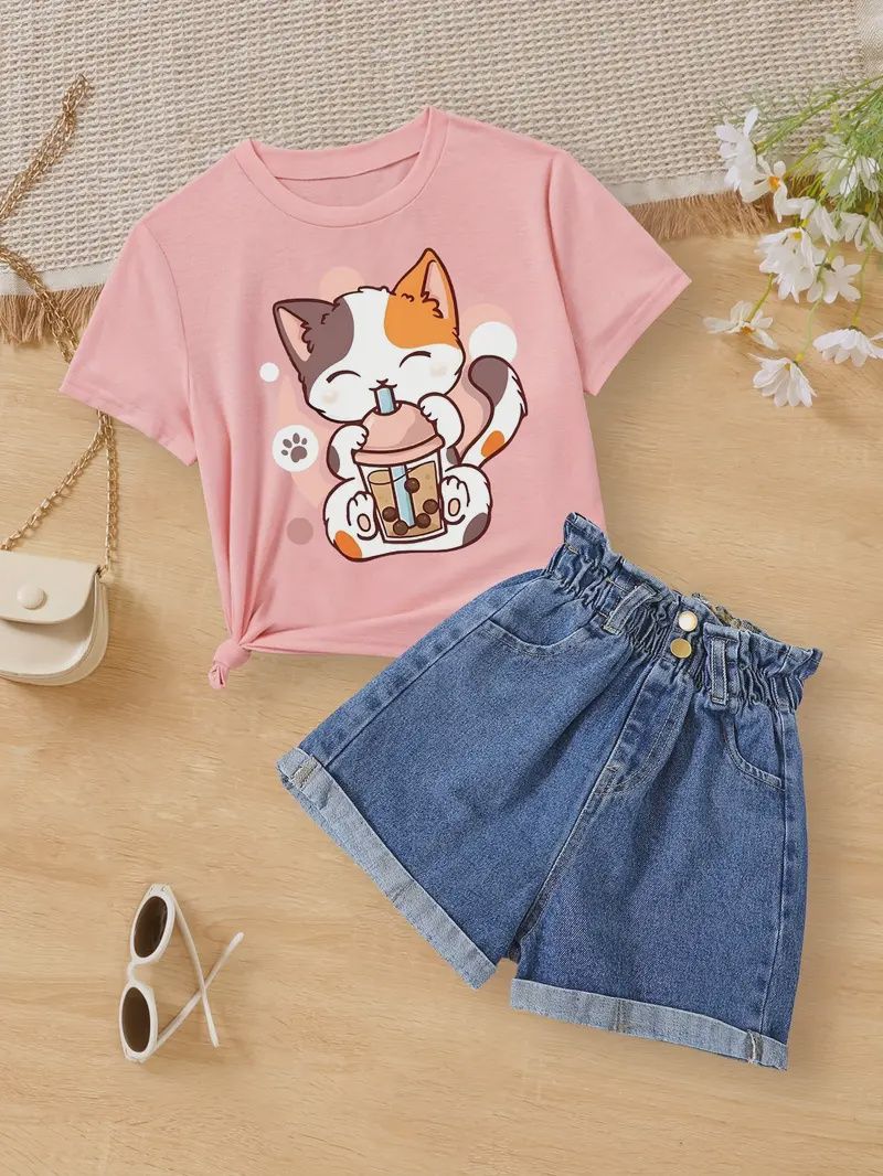 Casual Round Neck Short Sleeve T-shirt &amp; Comfy Elastic Waistband Denim Shorts, Size: 7-8Y