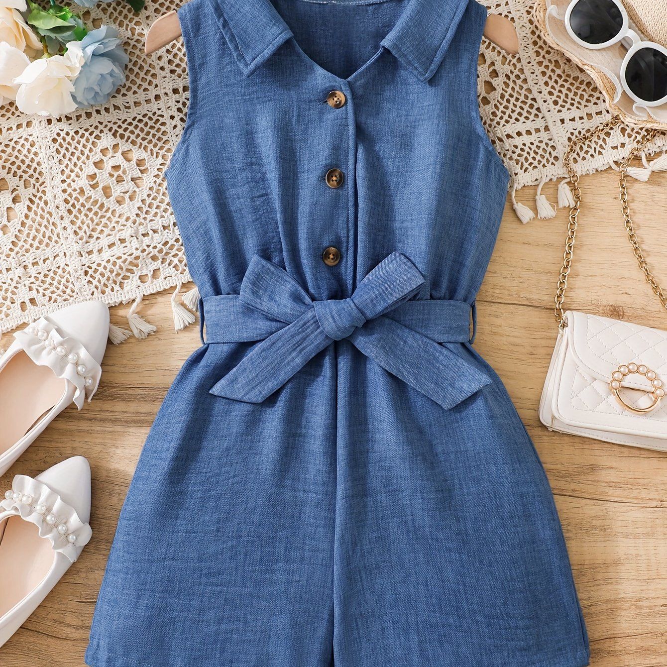 Girls Stylish &amp; Casual Solid Colored Lapel Collar Button Up Belted Romper, Size: 5-6Y