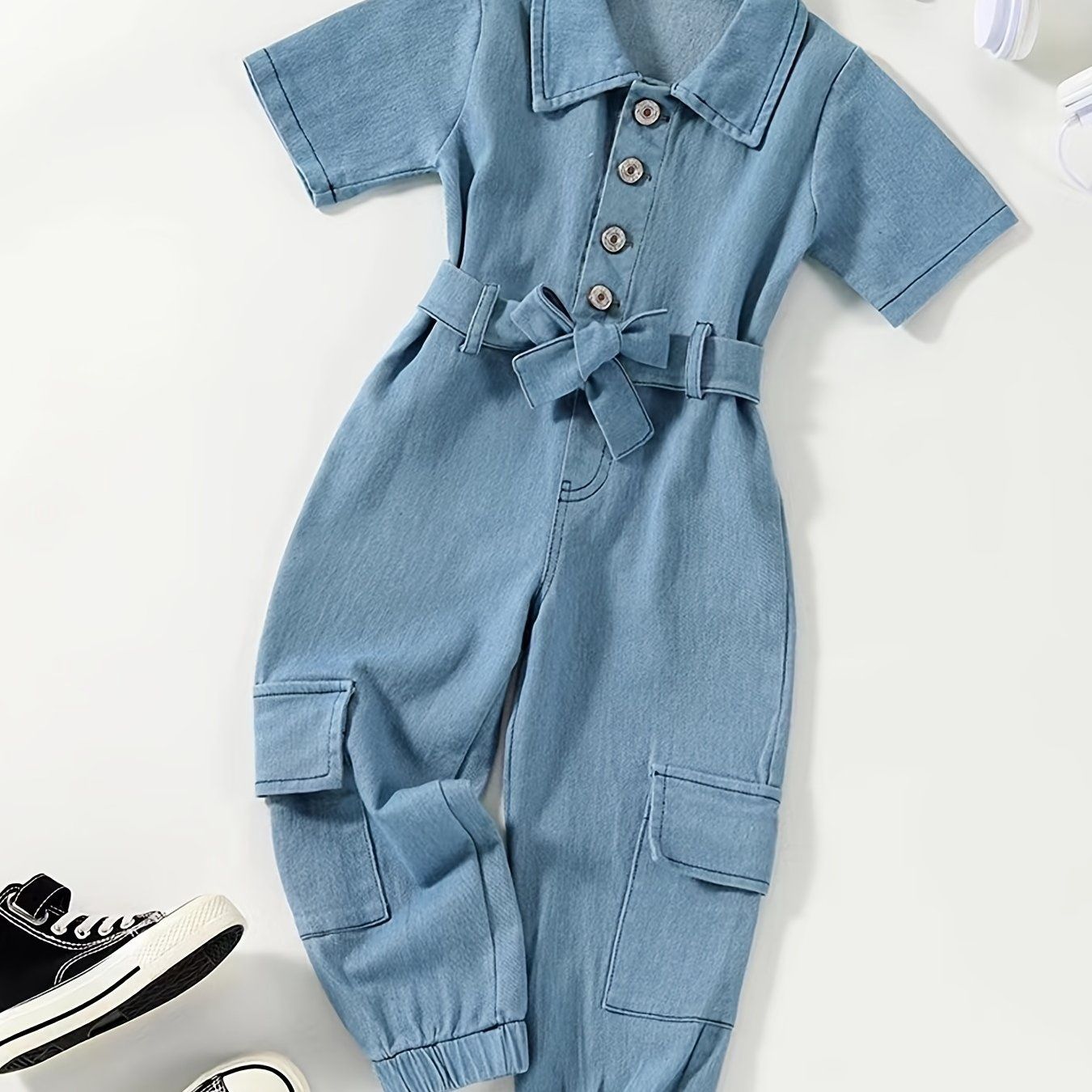 Girls&#39; Denim Jumpsuit with Belt, Size: 7-8Y