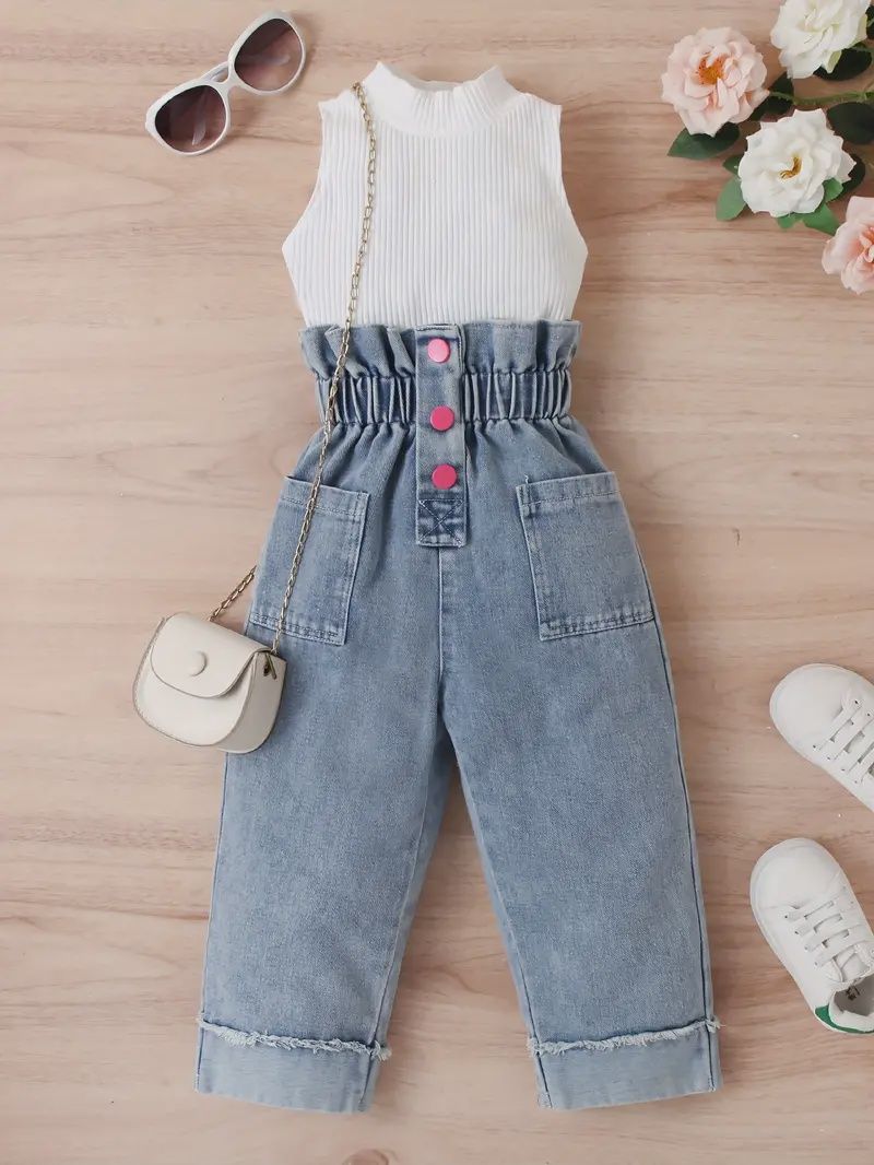2pcs Girls&#39; Chic Outfit - Pant Sets with Solid Sleeveless Top, Button Decor, Paperbag Waist Denim Pants, Size: 6Y