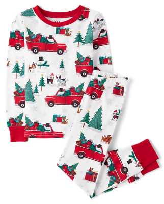 Unisex Kids Matching Family Truck Snug Fit Cotton Pajamas - white