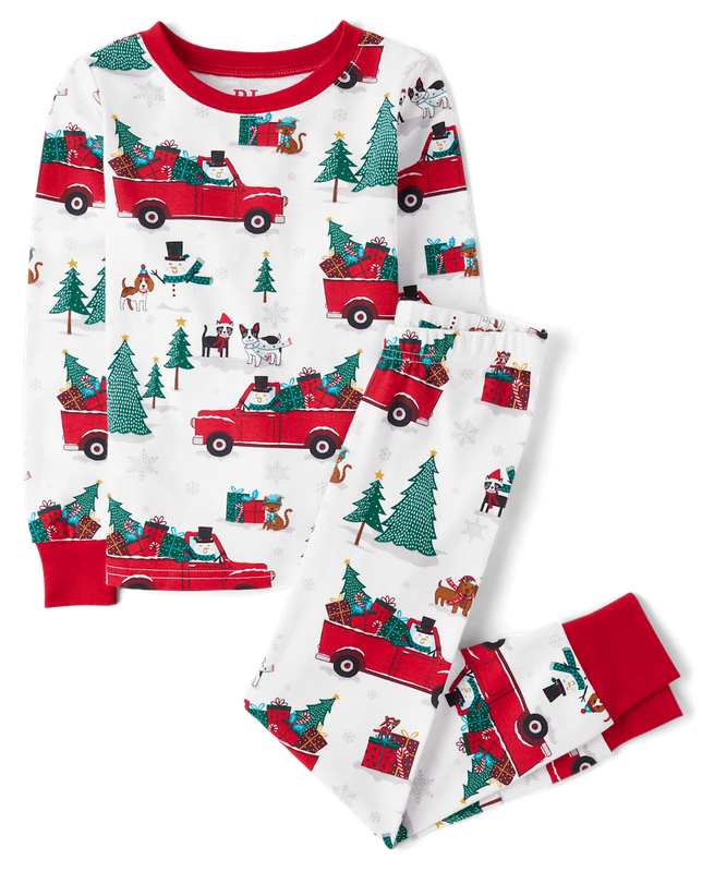 Unisex Kids Matching Family Truck Snug Fit Cotton Pajamas - white
