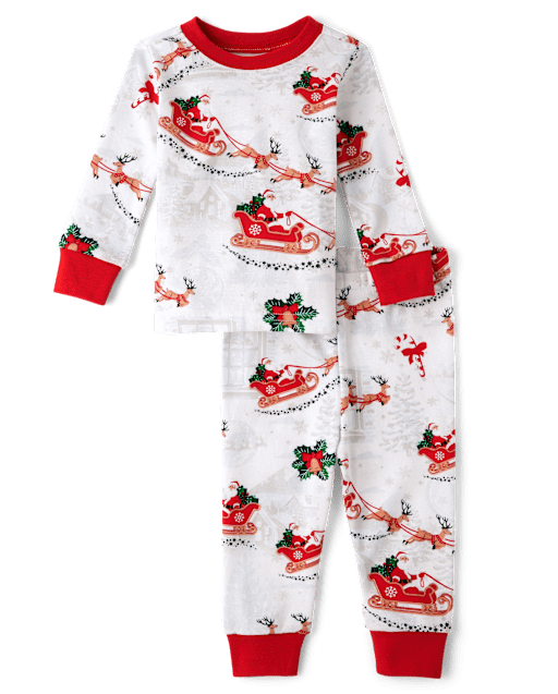 Unisex Kids Matching Family Santa Sleigh Snug Fit Cotton Pajamas - white, Size: 4