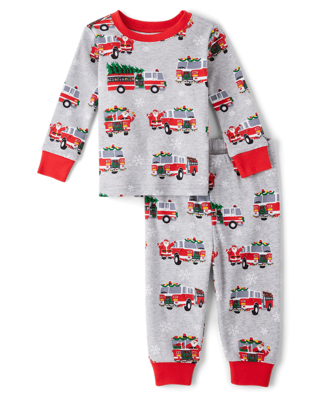 Unisex Baby And Toddler Santa Fire Truck Snug Fit Cotton Pajamas - gray