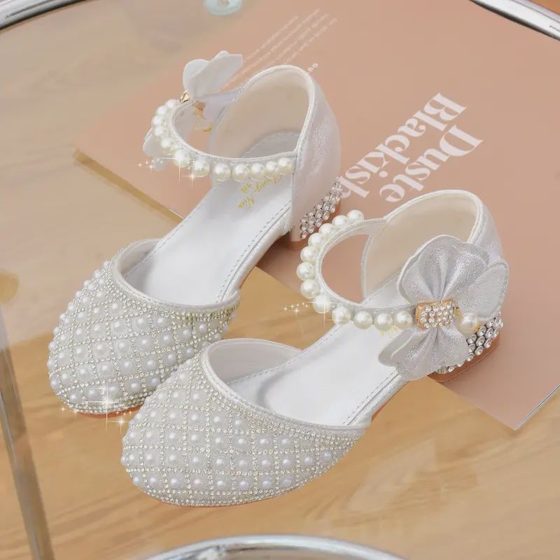 Elegant Bowknot Pearl Rhinestone High Heel Shoes - White, Size: 9.5 Child (4-4.5 yrs)
