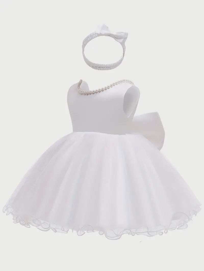 Girls&#39; Backless Tulle Princess Dress with Headwear Bowknot Decor - White, Size: 2 Yrs