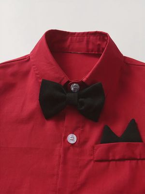 Boys&#39; Red Polyester-Blend Long-Sleeve Button-Down Shirt with Bow Tie and Faux Pocket Detail