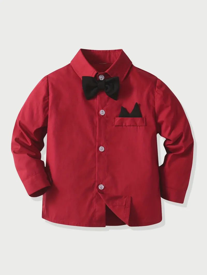 Boys&#39; Red Polyester-Blend Long-Sleeve Button-Down Shirt with Bow Tie and Faux Pocket Detail, Size: 3-4 Y