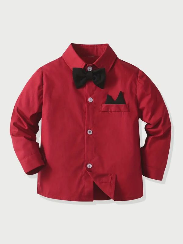 Boys' Red Polyester-Blend Long-Sleeve Button-Down Shirt with Bow Tie and Faux Pocket Detail