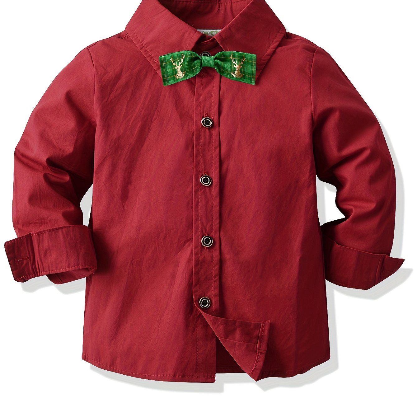 Boys Christmas Solid Color Bowtie Shirts, Long Sleeve Button Up Formal Shirt, Size: 3-4Y