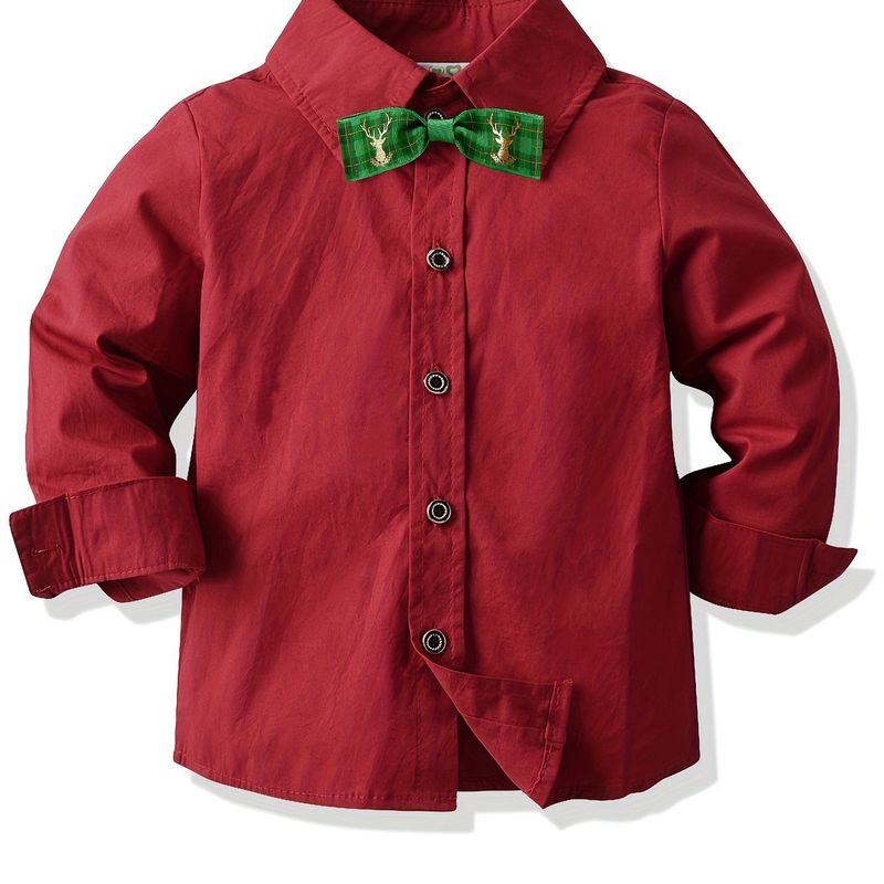 Boys Christmas Solid Color Bowtie Shirts, Long Sleeve Button Up Formal Shirt