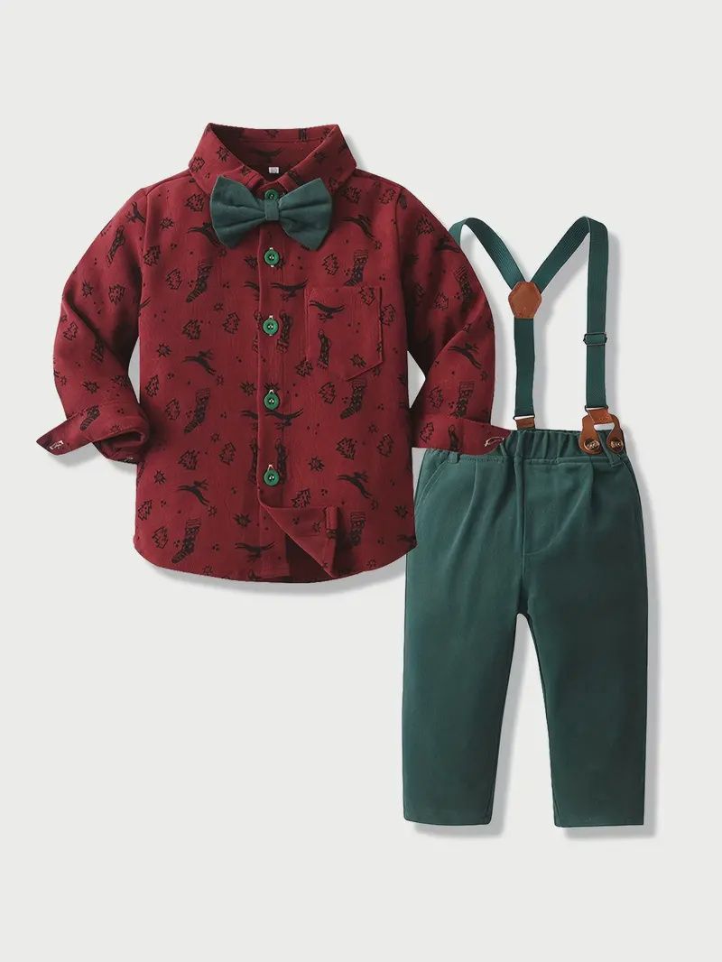 2pcs Boy&#39;s Gentleman Outfit, Trendy Bowtie Shirt &amp; Overalls Set for Christmas Style Formal Wear, Size: 4-5Y