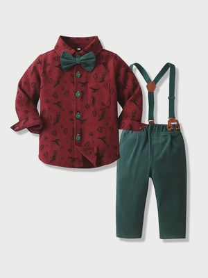 2pcs Boy&#39;s Gentleman Outfit, Trendy Bowtie Shirt &amp; Overalls Set for Christmas Style Formal Wear