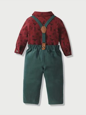 2pcs Boy&#39;s Gentleman Outfit, Trendy Bowtie Shirt &amp; Overalls Set for Christmas Style Formal Wear
