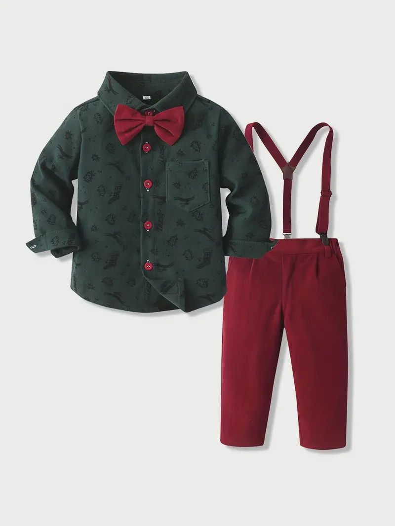 2pcs Boy&#39;s Gentleman Outfit, Trendy Bowtie Shirt &amp; Overalls Set for Christmas Style Formal Wear - Green, Size: 4-5Y