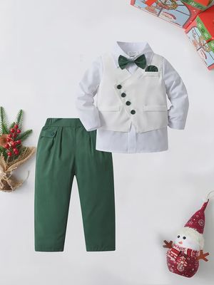 Baby Boy&#39;s 3-Piece Gentleman Outfit Set - Button-Down Shirt With Bow Tie, Vest, Matching Pants