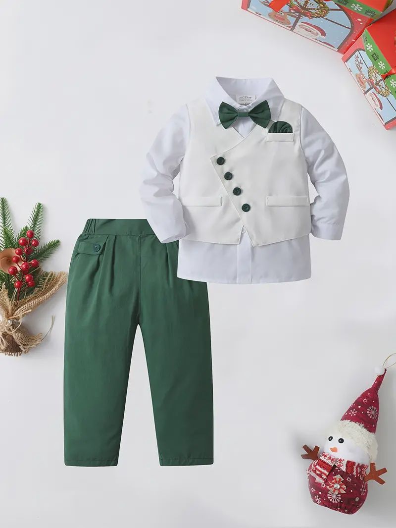 Baby Boy&#39;s 3-Piece Gentleman Outfit Set - Button-Down Shirt With Bow Tie, Vest, Matching Pants, Size: 4Y, Color: Green