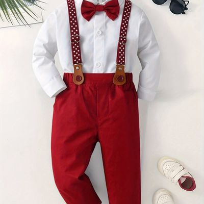 4-Piece Boys Gentleman Outfit Set, Long Sleeve Shirt, Polka Dot Suspenders, Bow Tie, and Pants