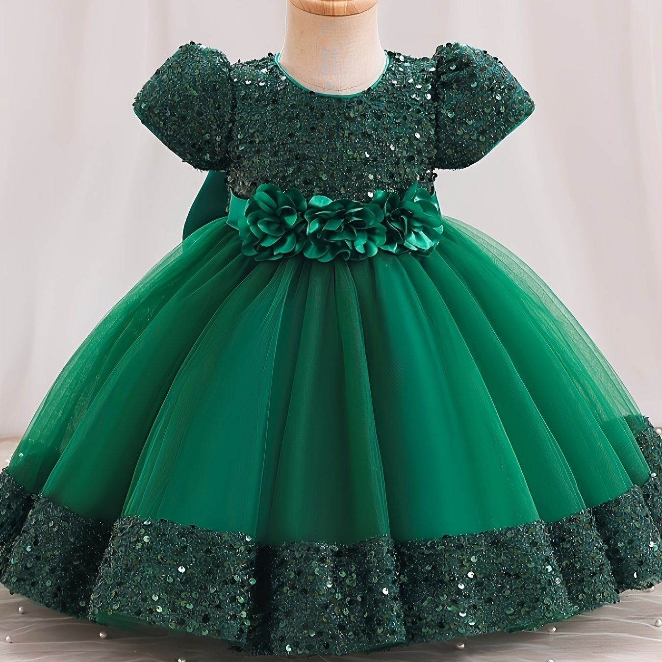 Glittering Girls Gown Dress with Handcrafted 3D Flower Sequins, Size: 3-4Y