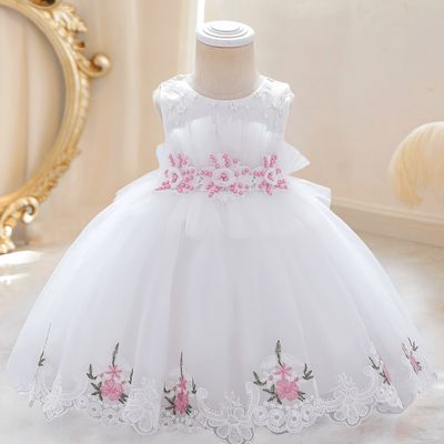 Baby Girl Mesh Embroidered Princess Dress- White