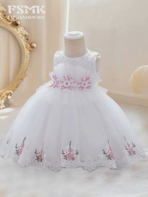 Baby Girl Mesh Embroidered Princess Dress- White