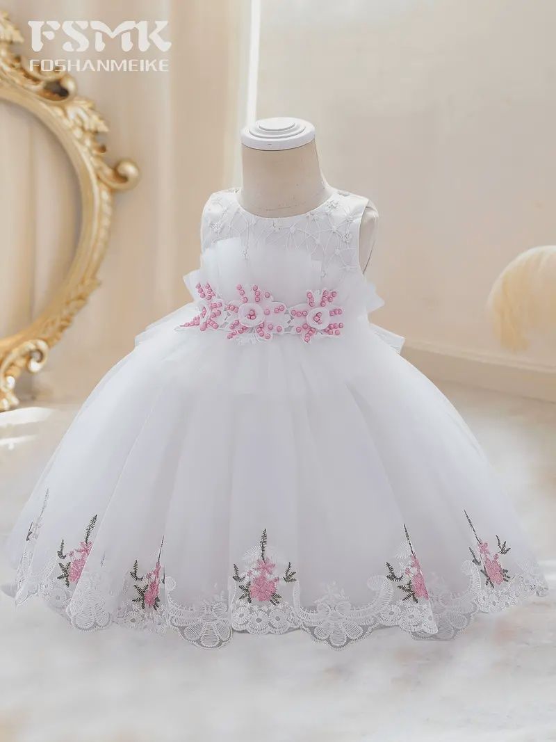 Baby Girl Mesh Embroidered Princess Dress- White, Size: 4-5Y