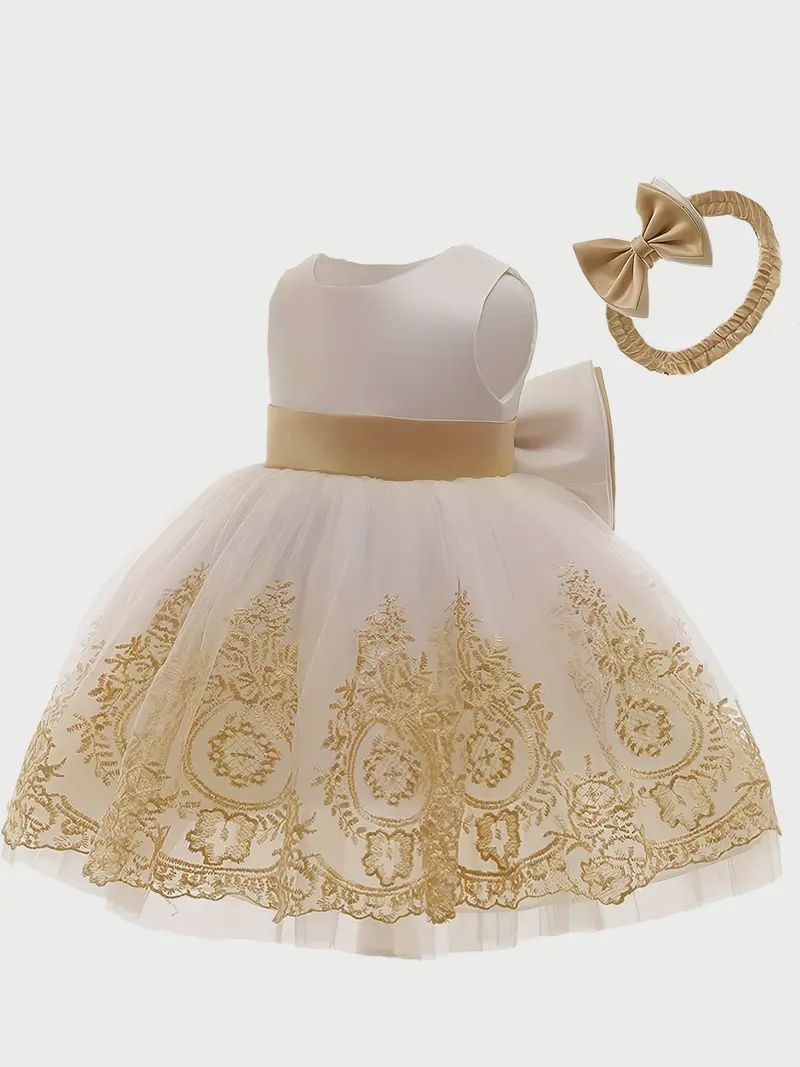 Baby Girls Pageant Golden Lace Embroidery Dresses, Size: 3-4Y