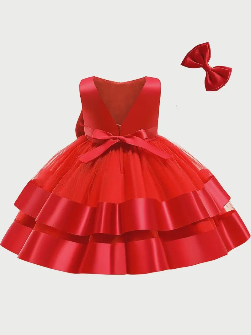 Baby Girls Bowknot Decor Sleeveless Backless Mesh Dress, Size: 4Y