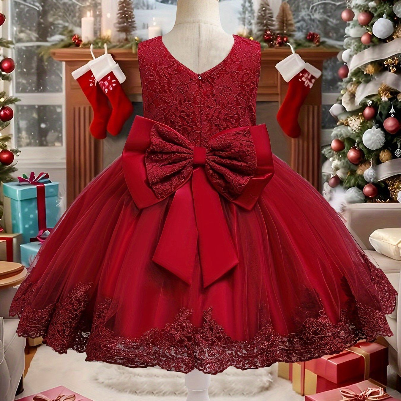 Charming Lace Embroidered Princess Dress for Toddler Girls with Cute Bow, Size: 3-4Y