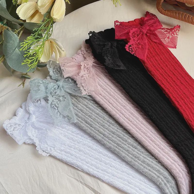 Solid Bow &amp; Striped Knee-High Knitted Socks - Mesh, Color: Grey