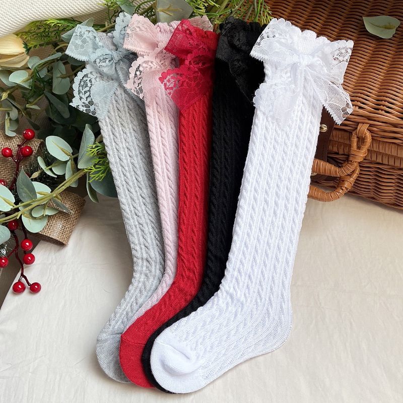 Solid Bow &amp; Striped Knee-High Knitted Socks - Mesh