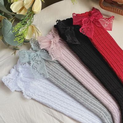 Solid Bow &amp; Striped Knee-High Knitted Socks - Mesh