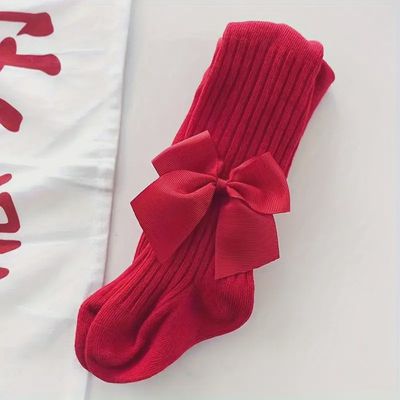 Solid Color Leggings with Bowknot Detail, Red Pantyhose Socks