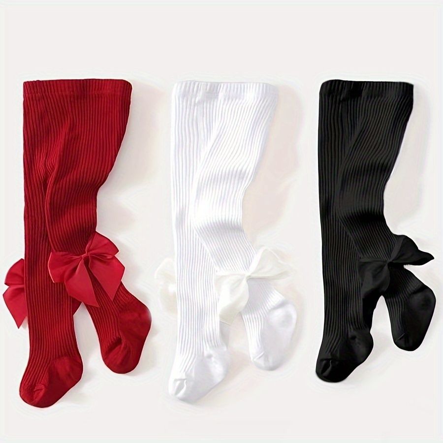 Solid Color Leggings with Bowknot Detail, Red Pantyhose Socks, Size: 3-5Y, Color: Red