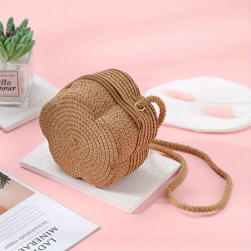1pc Flower Shape Zipper Straw Crossbody Bag