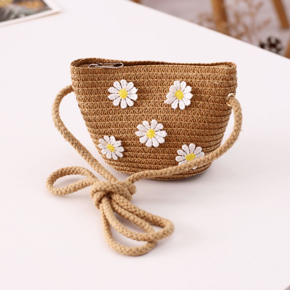 Vibrant Daisy Embroidered Straw Crossbody Bag, Color: Khaki