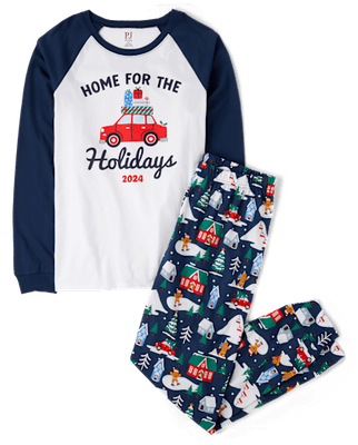 Unisex Kids Matching Family Home For The Holidays Snug Fit Cotton Pajamas - blue