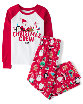 Unisex Kids Matching Family Christmas Crew 2024 Snug Fit Cotton And Microfleece Pajamas - red