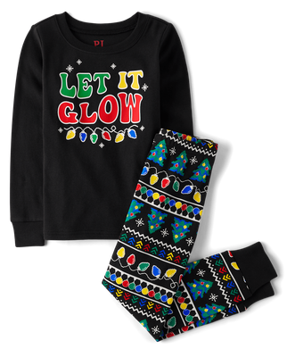 Unisex Kids Matching Family Glow Christmas Lights Snug Fit Cotton Pajamas - black