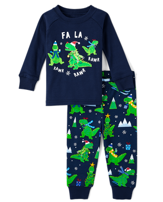 Baby And Toddler Boys Glow Christmas Dino Snug Fit Cotton Pajamas - blue