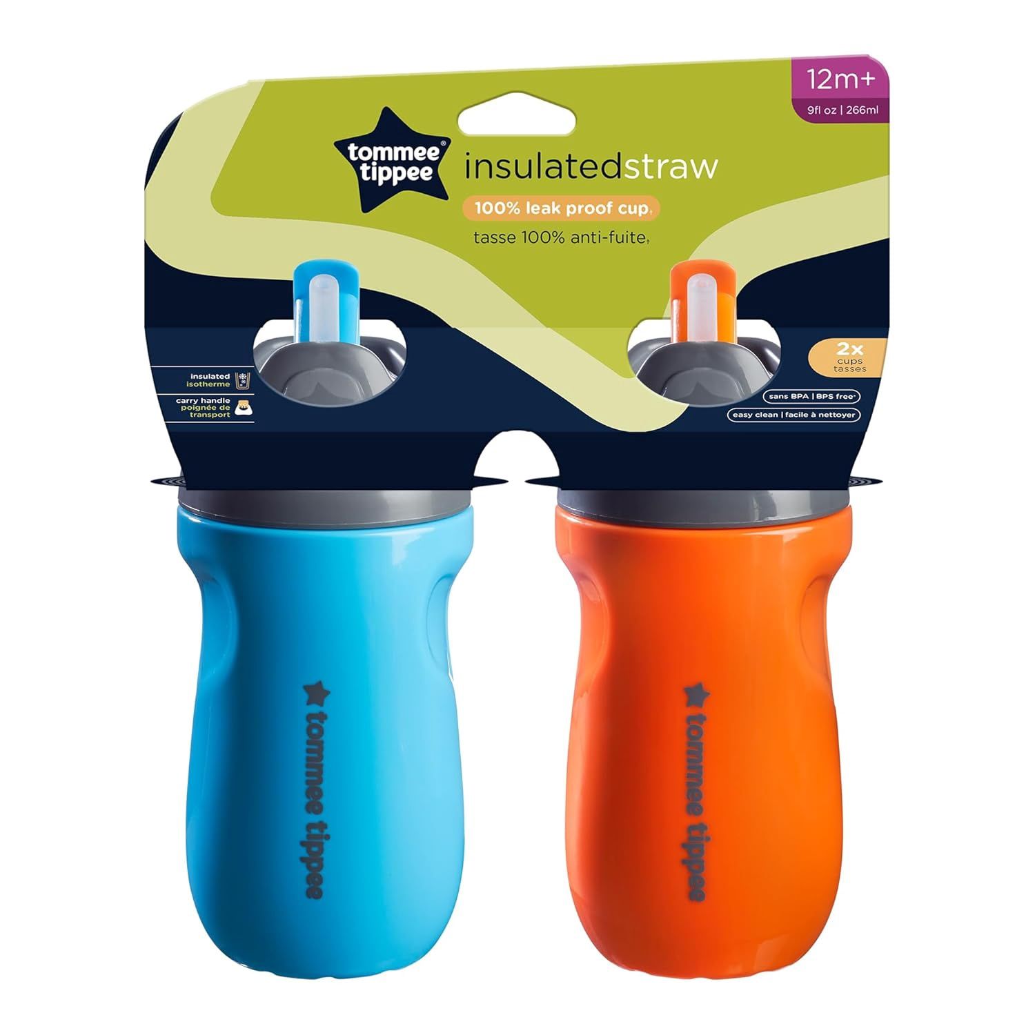 Tommee Tippee 2-Pack Blue and Orange 100% Leak-Proof Insulated Straw Sippy Cups