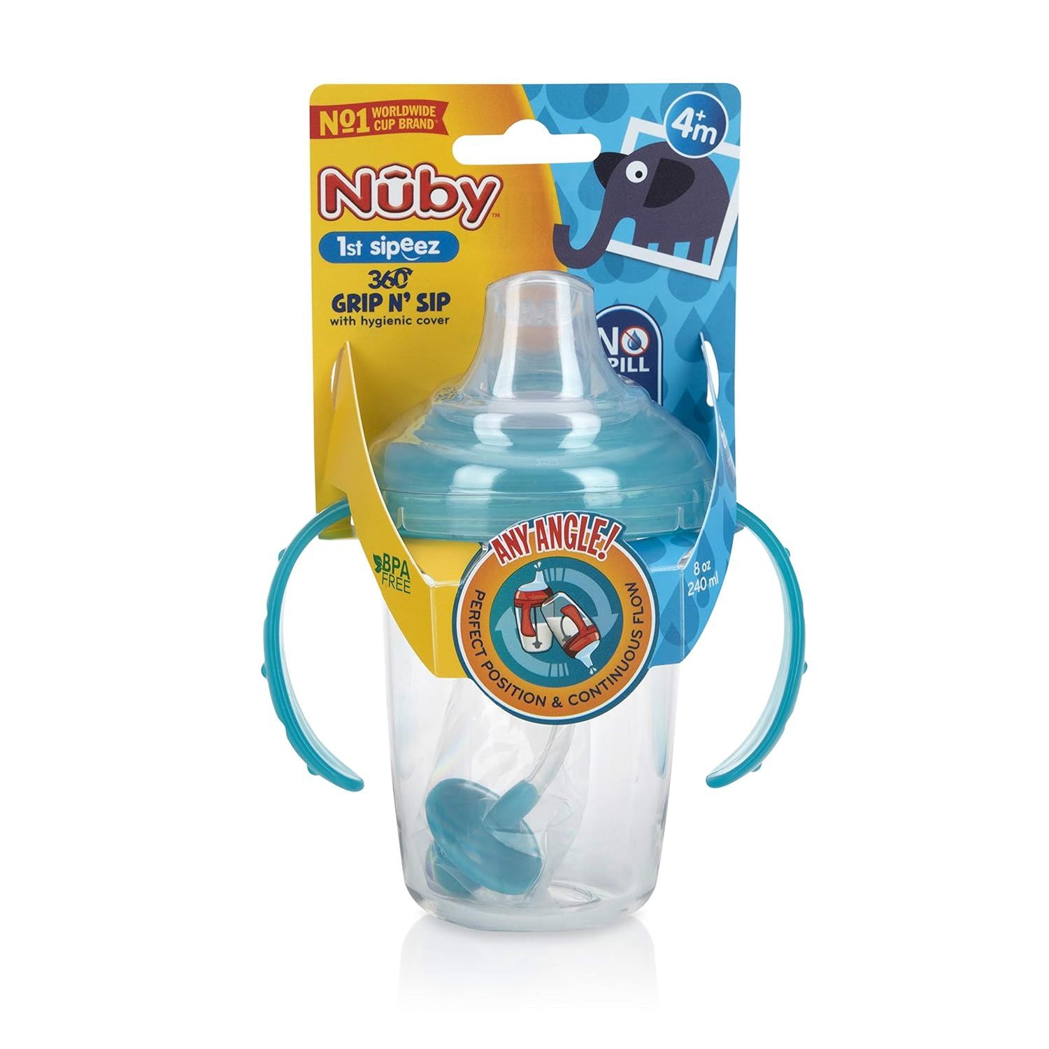 Nuby No Spill 360 Weighted Straw Grip N&#39; Sip Tritan Cup with Hygienic Cover, 8 Oz, Trainer Cup, Teal