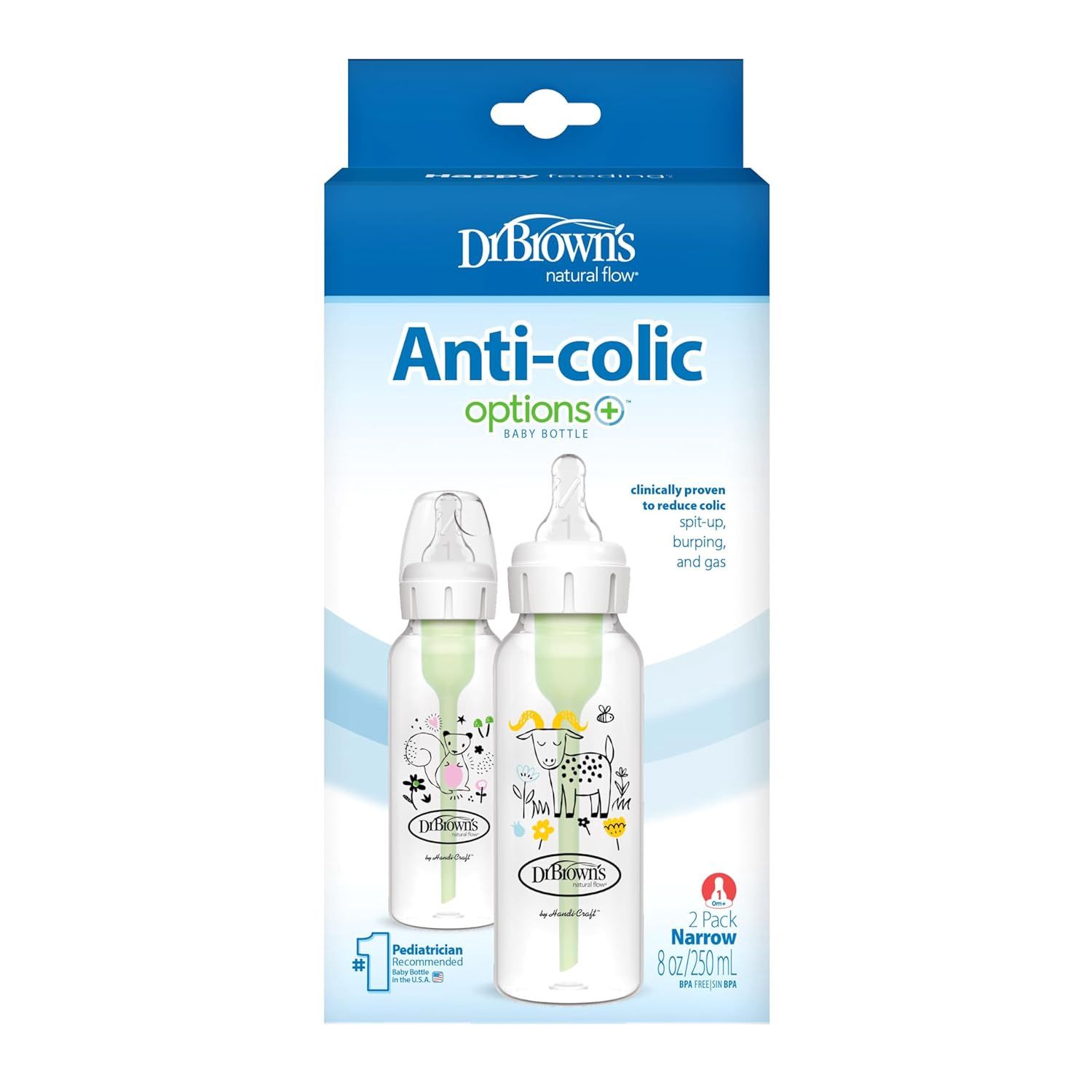 Dr. Brown&#39;s Natural Flow Anti-Colic Options+ Narrow Baby Bottle, Pig &amp; Frog, 8 oz/250 mL, with Level 1 Slow Flow Nipple, BPA Free, 0m+, 2-Pack