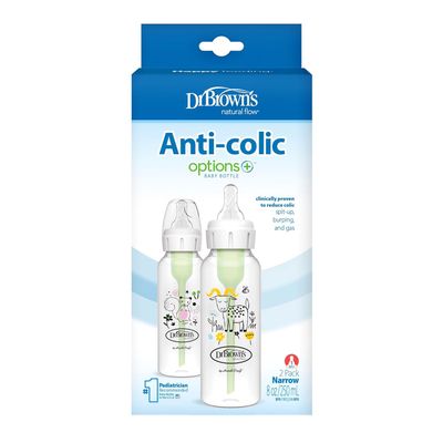 Dr. Brown's Natural Flow Anti-Colic Options+ Narrow Baby Bottle, Pig &amp; Frog, 8 oz/250 mL, with Level 1 Slow Flow Nipple, BPA Free, 0m+, 2-Pack