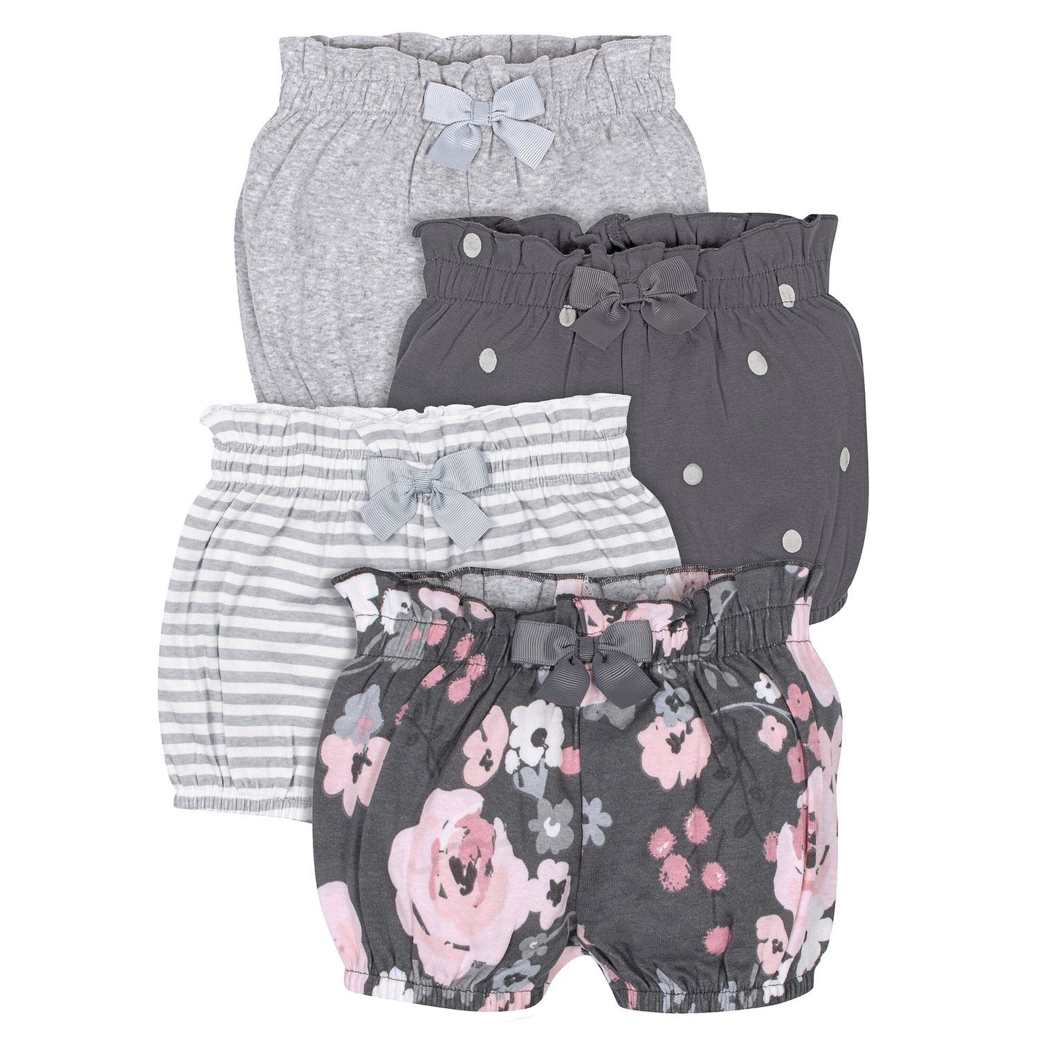 4-Pack Baby Girls Gray Floral Bubble Shorts, Size: 18M