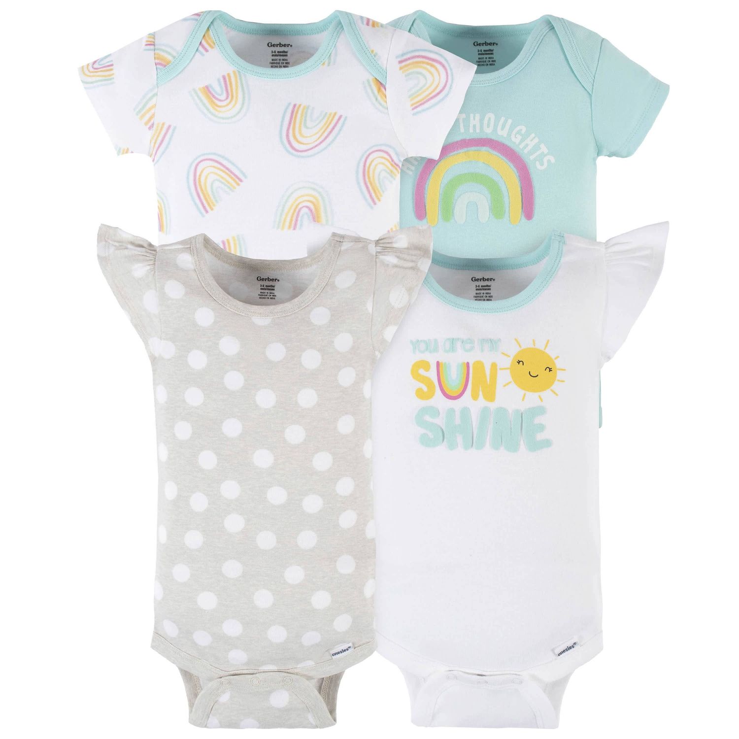 4-Pack Baby Girls Dots Of Rainbows Short Sleeve Onesies® Bodysuits, Size: NB