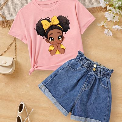 Adorable Cartoon Little Princess Graphic Print, Girl's 2 Pcs Outfit Set